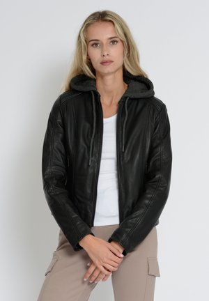 MIT KAPUZENEINSATZ - Leather jacket - black