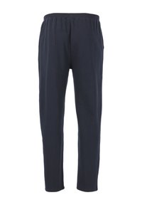 Marinblå bomullsbukser med elastisk midjeband, raka ben och sidofickor. Enkel design med mjuk textur och inga synliga m�önster.