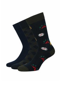 Trzy pary męskich skarpetek: granatowe gładkie, ciemnozielone z motywami obozowymi i w wzory w kolorze węgla z diamentami. Miękka dzianina, długość średnia do łydki.