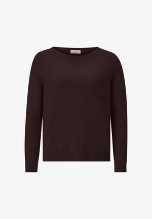 Brown knitted sweater with a round neckline, long sleeves, and a relaxed fit. Textured fabric with ribbed accents at the cuffs and hem.