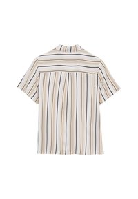 Camicia a maniche corte con bottoni, a righe verticali beige, nere e bianche, mostrata da dietro su uno sfondo bianco.