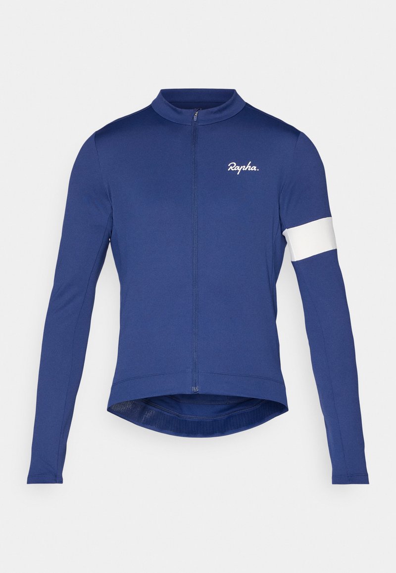 Langærmet cykeltrøje i mørkeblå polyester. Har en lynlås, et hvidt accentbånd på armen og et logo på brystet.