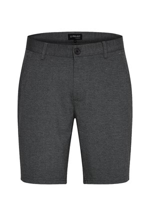 Šedé látkové šortky s gombíkovým zapínaním, plochým predným dielom a štandardným pásom. Materiál vyzerá štruktúrovane s prispôsobeným dizajnom.