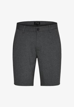 Grijze stoffen shorts met een knoopsluiting, een vlakke voorkant en een standaard tailleband. Het materiaal lijkt gestructureerd met een op maat gemaakte uitstraling.