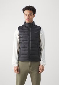 Svart vadderad väst med hög krage, dragkedjeslutning och sidofickor. Slät textur, med en liten logotyp på bröstet.