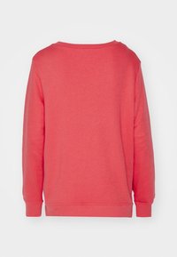 Sudadera de manga larga en un suave tono coral rosa, vista desde la parte posterior, con puños y dobladillo acanalados sobre un fondo blanco.