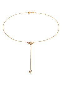 Gul choker halskæde med et delikat kædedesign og en lille, dekorativ vedhæng, der indeholder farvede ædelsten og en slank dråbe kæde.