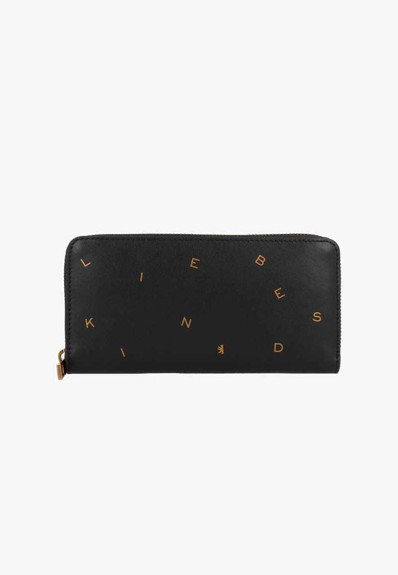 Portafoglio in pelle nera con chiusura a zip, caratterizzato da lettere dorate sparse e un piccolo logo a forma di orsetto. Texture liscia e forma rettangolare.