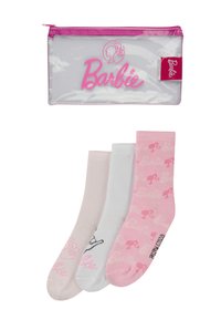 Tre paia di calzini in bianco, rosa chiaro e rosa, con il logo e la stampa di Barbie. Include una busta trasparente con una zip rosa.