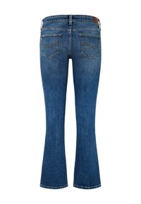 Blå denimjeans med utsvängda ben och medelhögt midjeband, kontrasterande sömmar och två bakfickor i en klassisk form.