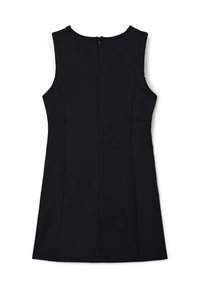 Schwarzes ärmelloses Kleid mit Rundhalsausschnitt, strukturiertem Schnitt und Reißverschluss auf der Rückseite. Hat ein tailliertes Oberteil und einen ausgestellten Rock.