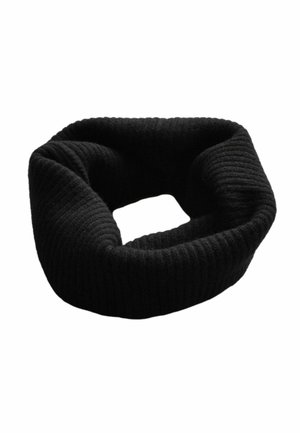 Black knitted infinity scarf with a ribbed texture, displayed flat to emphasize its circular shape and soft fabric.