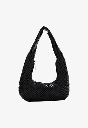 Czarna torebka na ramię z cekinów o zaokrąglonym, hobo kształcie. Posiada zamek błyskawiczny oraz teksturowaną powierzchnię z błyszczącymi, małymi okrągłymi cekinami.