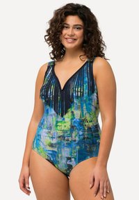 Eén-piece zwemoutfit met een V-halslijn, een blauw en groen abstract patroon, en franjes bij de buste, gemaakt van rekbare stof voor comfort.