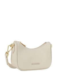 Borsa a spalla in pelle crema con forma curva, hardware dorato e chiusura con zip. Marchio in rilievo sul davanti. Manico regolabile.