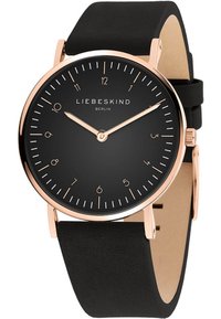 Zwarte horloge met een rond wijzerplaat, roségouden accenten, minimalistische uur markeringen en een soepel zwart leren band. Merkennaam weergegeven.