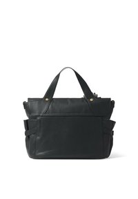 Borsa in pelle nera con due manici superiori, design strutturato, tasche laterali e dettagli in ottone dorato. Texture liscia, stile minimalista.