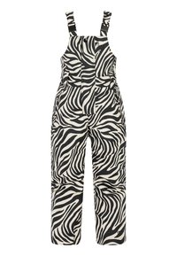 Zebra-print tuinbroek in zwart en crème, met verstelbare bandjes, een voorzak en een losse pasvorm voor comfort en bewegingsvrijheid.
