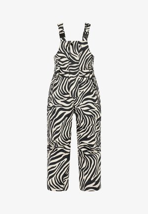 Zebra-print tuinbroek in zwart en crème, met verstelbare bandjes, een voorzak en een losse pasvorm voor comfort en bewegingsvrijheid.