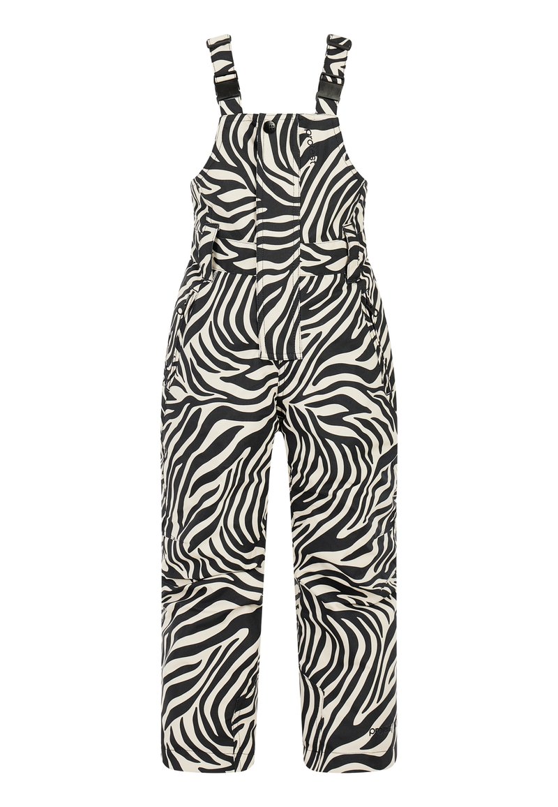 Zebra-print tuinbroek in zwart en crème, met verstelbare bandjes, een voorzak en een losse pasvorm voor comfort en bewegingsvrijheid.