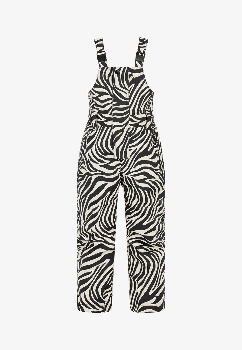 Zebra-print tuinbroek in zwart en crème, met verstelbare bandjes, een voorzak en een losse pasvorm voor comfort en bewegingsvrijheid.