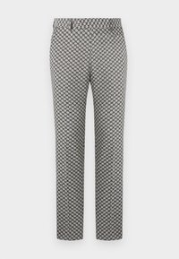 Trousers in black and white houndstooth pattern, straight leg design, featuring a smooth texture and standard waistband.