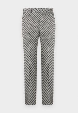 Trousers in black and white houndstooth pattern, straight leg design, featuring a smooth texture and standard waistband.