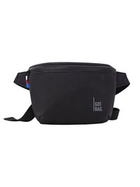 Borsa a vita nera realizzata in materiale resistente, dotata di chiusura con zip, tracolla regolabile e un logo discreto sul frontale. Texture morbida.