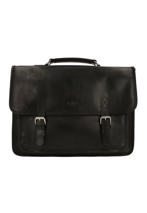 Juodas odinis portfelis su struktūrizuotu dizainu, sidabro spalvos detalėmis, užsegimais su sagtimis ir viršutine rankena. Lygus paviršius ir minimalus ženklinimas.