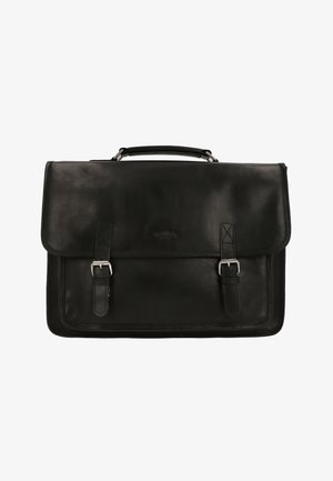 Czarna skórzana teczka o strukturalnym designie, z metalowymi elementami w kolorze srebra, zapięciami na klamry i uchwytem u góry. Gładka faktura i minimalne oznaczenia marki.