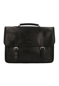 Black leather briefcase with a structured design, silver hardware, buckle closures, and a top handle. Smooth texture and minimal branding.