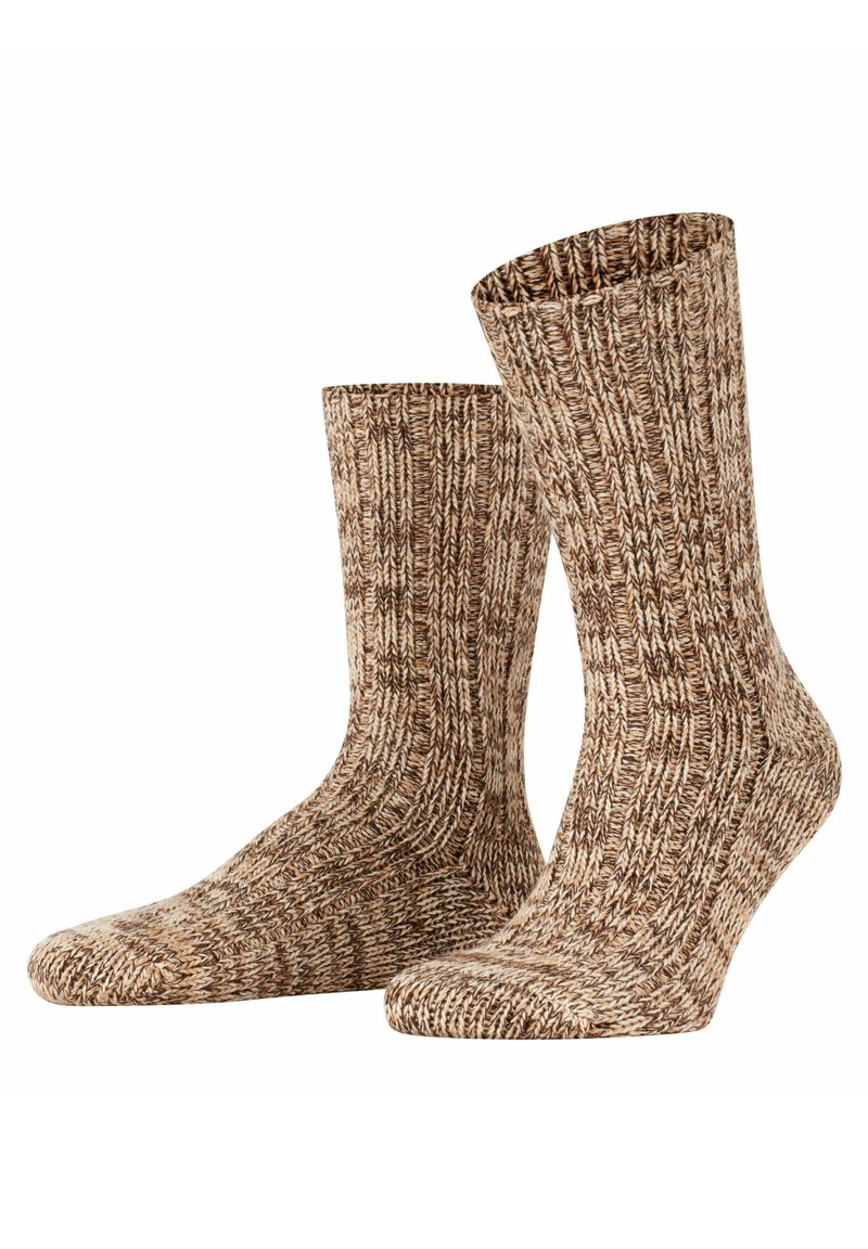 Gestrickte Socken in Brauntönen, mit geripptem Muster und mittellanger Oberschenkellänge. Hergestellt aus weichem, dickem Garn für Wärme und Komfort.