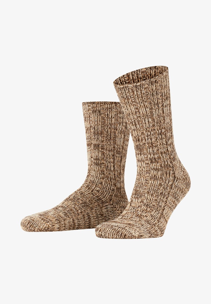 Gestrickte Socken in Brauntönen, mit geripptem Muster und mittellanger Oberschenkellänge. Hergestellt aus weichem, dickem Garn für Wärme und Komfort.