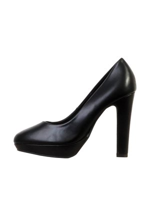 Escarpin femme en cuir noir à talon haut avec semelle compensée et bout arrondi, vu de côté sur fond blanc.