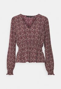 Blouse bordeaux à manches longues avec un petit imprimé floral rose et crème, décolleté en V, taille cintrée et ourlet et poignets volantés.