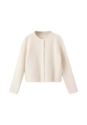 Cremefarbener gestrickter Cardigan mit langen Ärmeln, Rundhalsausschnitt und vorderen Knöpfen, auf weißem Hintergrund dargestellt.