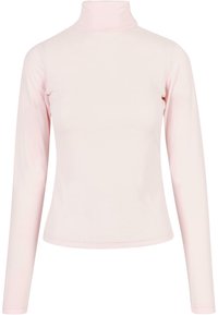 Helles rosa Langarm-Turtleneck-Oberteil aus dehnbarem Stoff. Das Design ist figurbetont mit einem hohen Kragen und schmalen Bündchen.