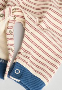 Sweter w paski w kolorze kremowym i burgundowym, z metalowymi zatrzaskami i niebieskim ściągaczem. Miękka dzianina z widocznymi detalami ściegów.