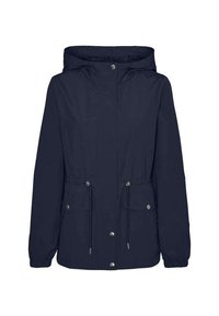Veste coupe-vent marine avec capuche, taille ajustable à cordon de serrage, deux poches latérales et fermeture à boutons-pression. Tissu lisse et résistant à l'eau.