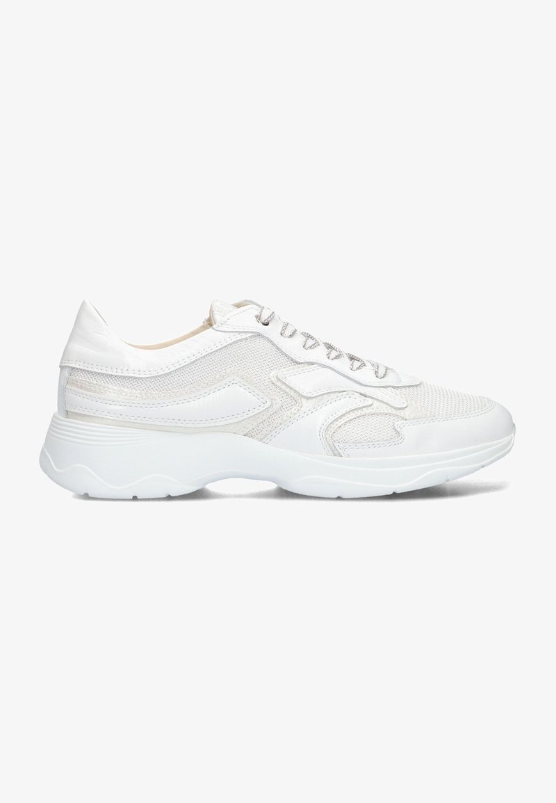 White athletic shoes made of mesh and synthetic materials, featuring a textured upper, minimalistic design, and a cushioned, wavy sole.