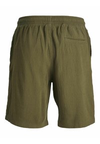 Olijfgroene shorts gemaakt van gestructureerde stof, met een elastische tailleband, zijzakken en een achterzak met een eenvoudig ontwerp.