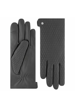 Pair of black leather gloves with quilted stitching on the back and thumb areas, showing front and back views against a white background.
