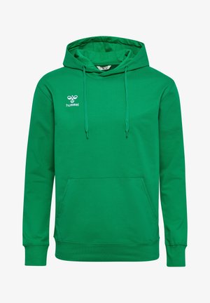 Groene hoodie van zacht materiaal, met een voorste kangaroo zak, een capuchon met koord en een wit "Hummel" logo op de borst.