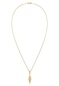 Guld metal halskæde med en tynd kæde og en diamantformet vedhæng med et detaljeret udskæringsdesign.