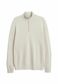 Vaaleanbeige paksu neulepusero, joka on valmistettu teksturoidusta neuleesta. Siinä on puolivetoketjullinen kaulus ja pitkät hihat, joissa on ribbausvarret ja helma.