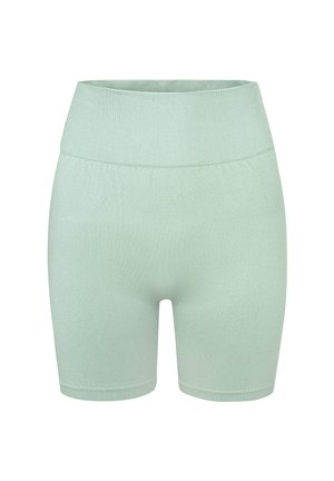 Mišljenje zelene, rastezljive, visokog struka kratke hlače s glatkom teksturom i elastičnom pojasom. Nema vidljivih šavova ili uzoraka.