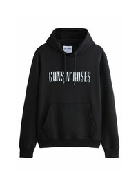 Felpa nera con tasca frontale, cappuccio con lacci e testo "GUNS N' ROSES" in font metallico sulla parte anteriore. Tessuto morbido.