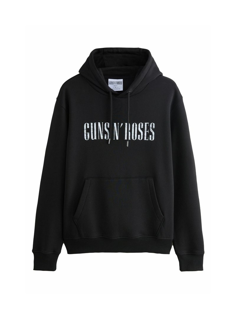 Felpa nera con tasca frontale, cappuccio con lacci e testo "GUNS N' ROSES" in font metallico sulla parte anteriore. Tessuto morbido.