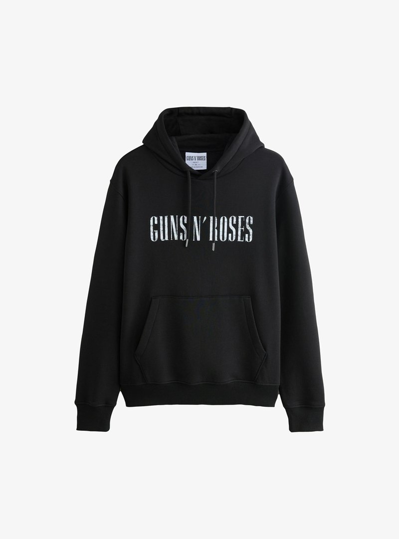 Felpa nera con tasca frontale, cappuccio con lacci e testo "GUNS N' ROSES" in font metallico sulla parte anteriore. Tessuto morbido.