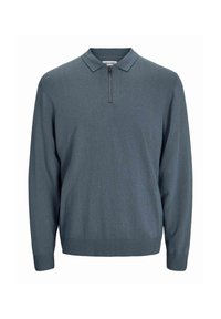 Pullover-Sweater in dunklem Petrol, Strickstoff, halber Reißverschlusskragen, gerippte Bündchen und Saum, lange Ärmel, glatte Textur, lässiges Design.